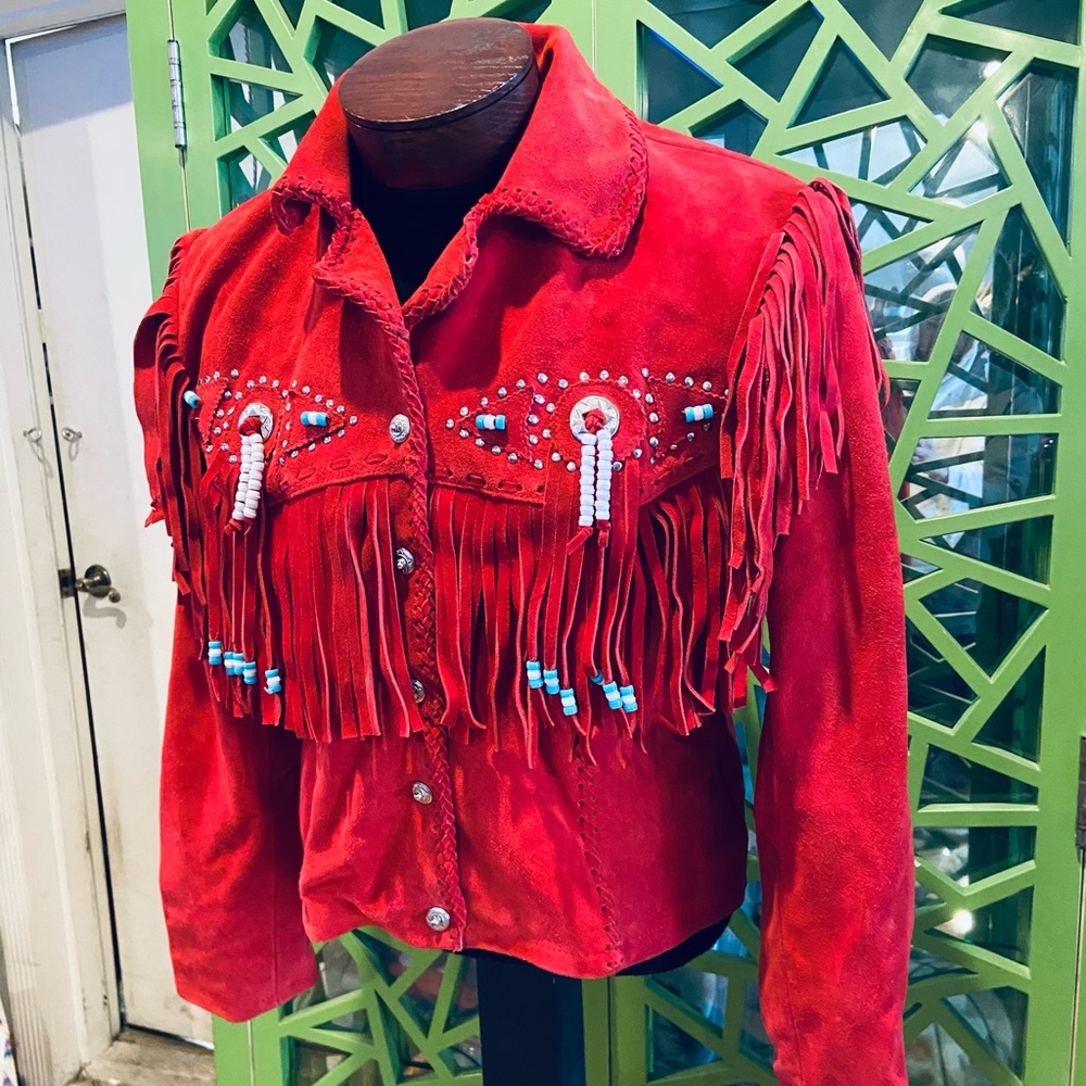 Real Leather Vintage RED Suede Fringe Beaded Conch Studded Braided Trim Jacket